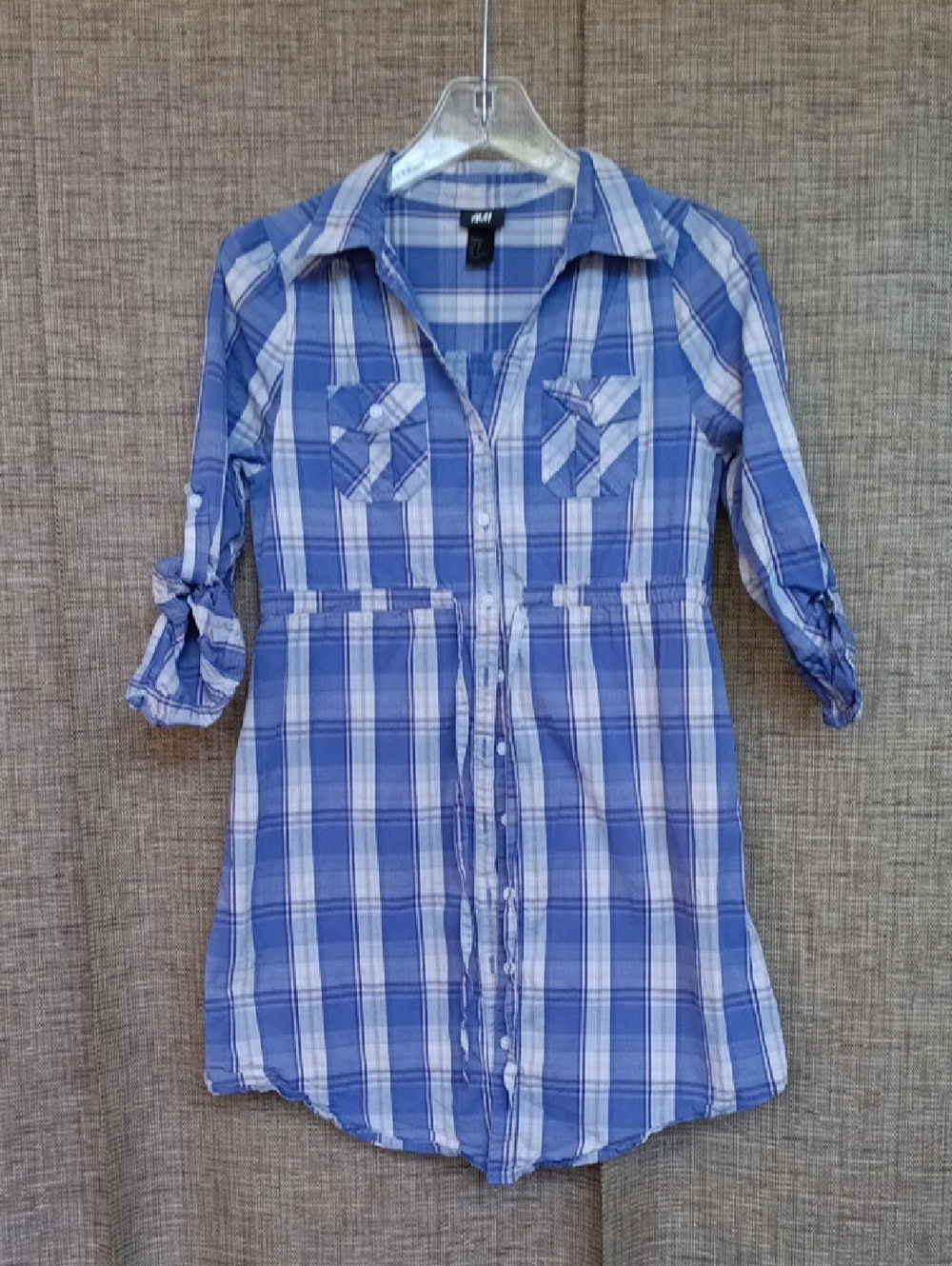 H&M Girl's Blue and White Plaid Button-Front Shirt Dress